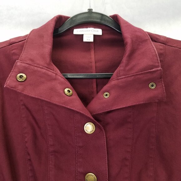 Coldwater Creek Jean Jacket Women's 4-6 Sm Maroon Denim Gold Snaps Buckle Back - Picture 4 of 14